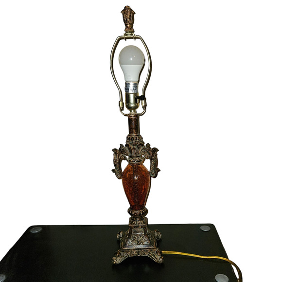 VTG Style Amber Glass & Resin Table Lamp Ornate Bronze Finish Base Crackle Glass - Picture 2 of 5